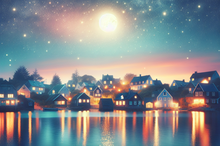 lighting up the night sky with her gentle glow. The end. In a cozy little village by the sea